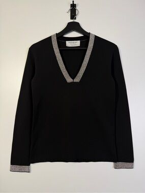 Yves Saint Laurent Metallic Trim V-Neck Knit Sweater XS Black Silver